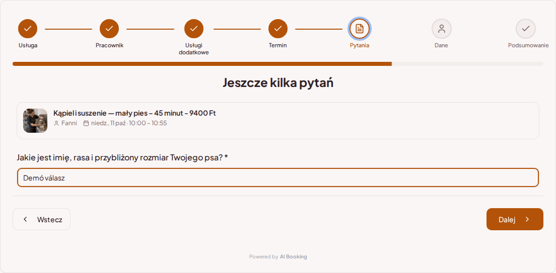 System rezerwacji dla groomerów – Pytanie przy wstępnej rezerwacji pielęgnacji psa: Jak nazywa się Twój pies, jaka jest jego rasa i przybliżony rozmiar?