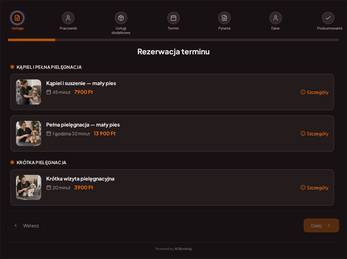 System rezerwacji dla groomerów – Kąpiel i suszenie — mały pies, Pełna pielęgnacja — mały pies, Krótka wizyta pielęgnacyjna z cenami, czasem trwania i kategoriami