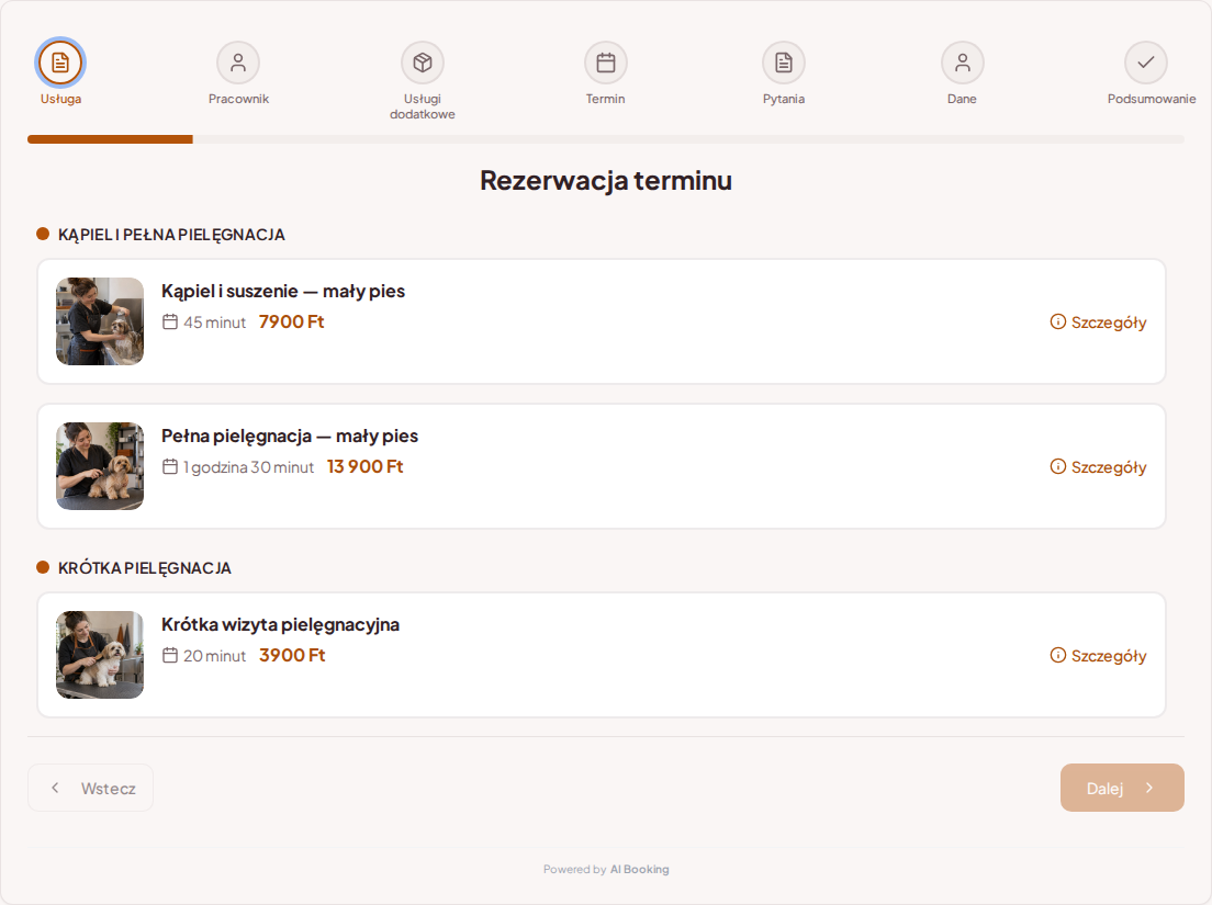 System rezerwacji dla groomerów – Kąpiel i suszenie — mały pies, Pełna pielęgnacja — mały pies, Krótka wizyta pielęgnacyjna z cenami, czasem trwania i kategoriami