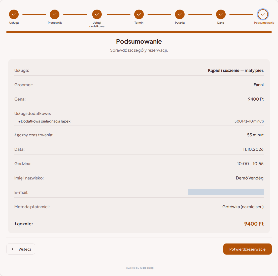System rezerwacji dla groomerów – Podsumowanie rezerwacji groomingu z usługą, specjalistą, terminem i ceną