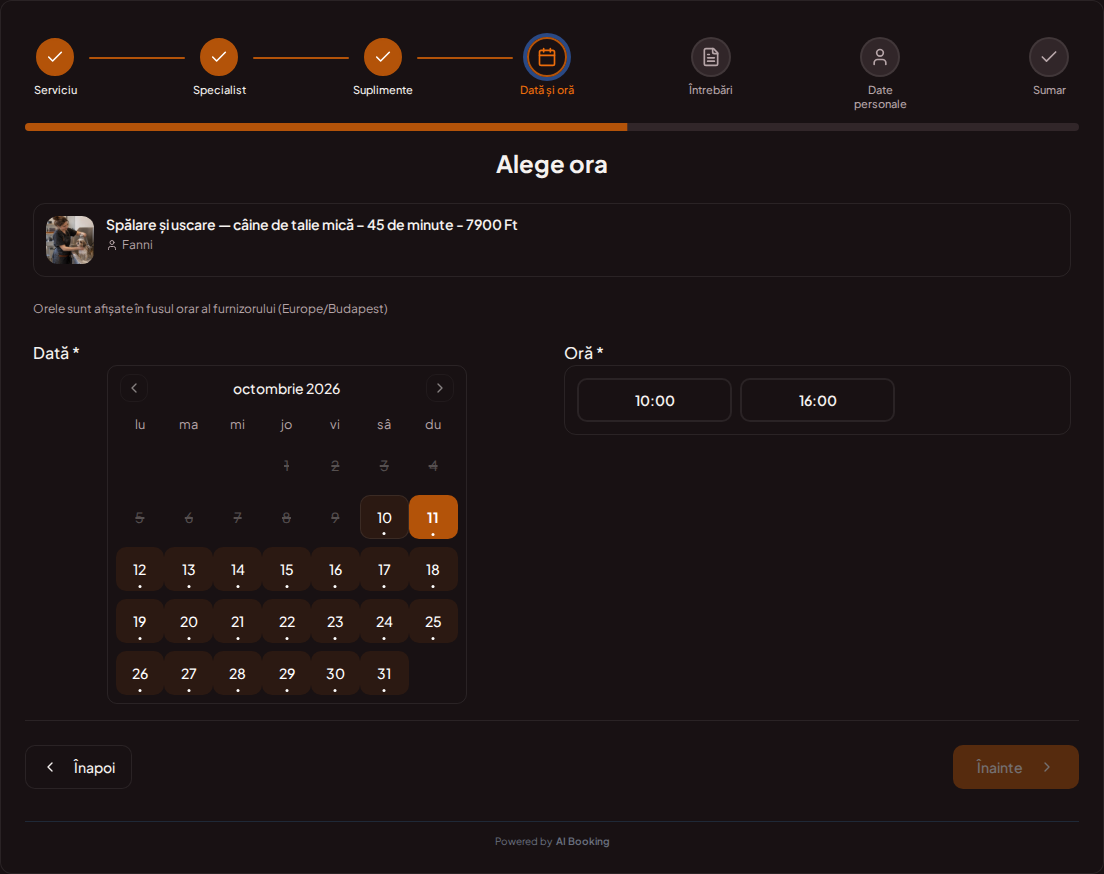Sistem de programări pentru groomeri – Calendar de programări pentru grooming canin cu intervale libere pentru serviciul ales