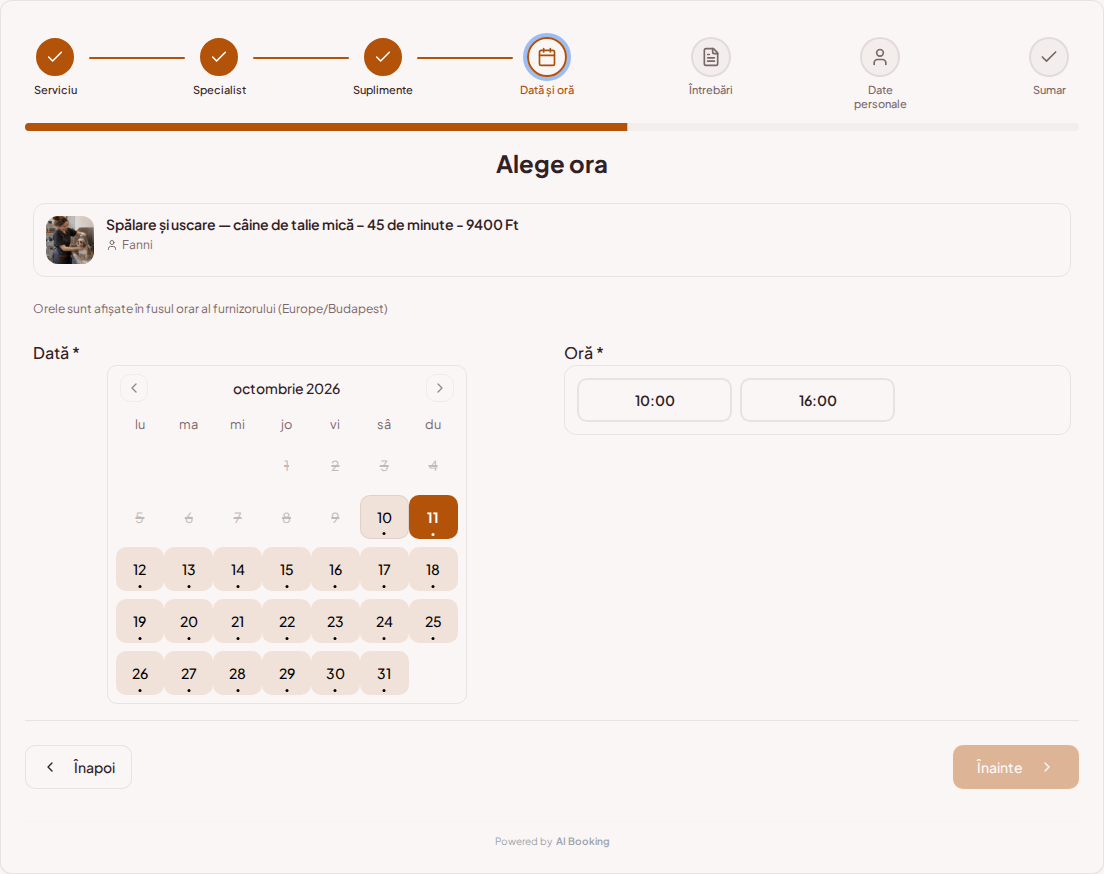 Sistem de programări pentru groomeri – Calendar de programări pentru grooming canin cu intervale libere pentru serviciul ales