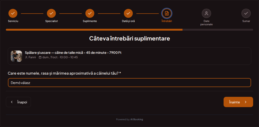 Sistem de programări pentru groomeri – Întrebare de rezervare prealabilă pentru grooming canin: Care este numele, rasa și dimensiunea aproximativă a câinelui tău?