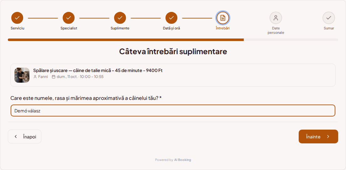 Sistem de programări pentru groomeri – Întrebare de rezervare prealabilă pentru grooming canin: Care este numele, rasa și dimensiunea aproximativă a câinelui tău?