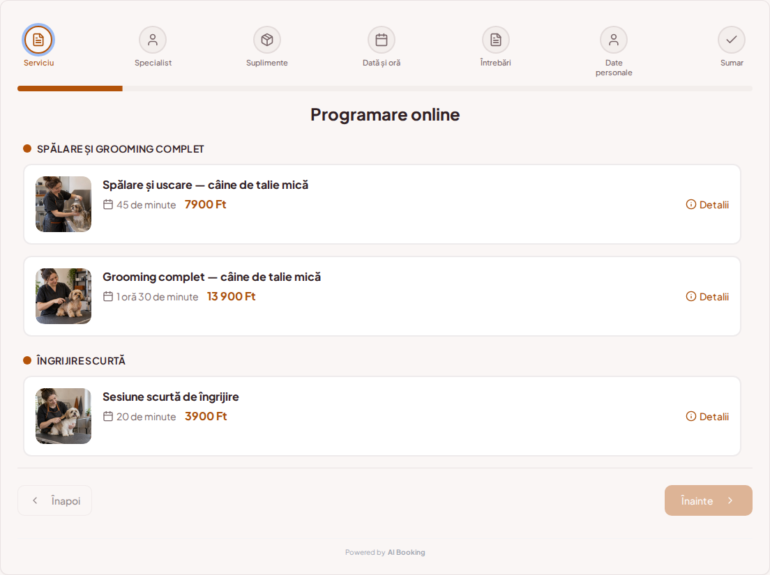 Sistem de programări pentru groomeri – Spălare și uscare — câine de talie mică, Grooming complet — câine de talie mică, Sesiune scurtă de îngrijire cu prețuri, durate și categorii