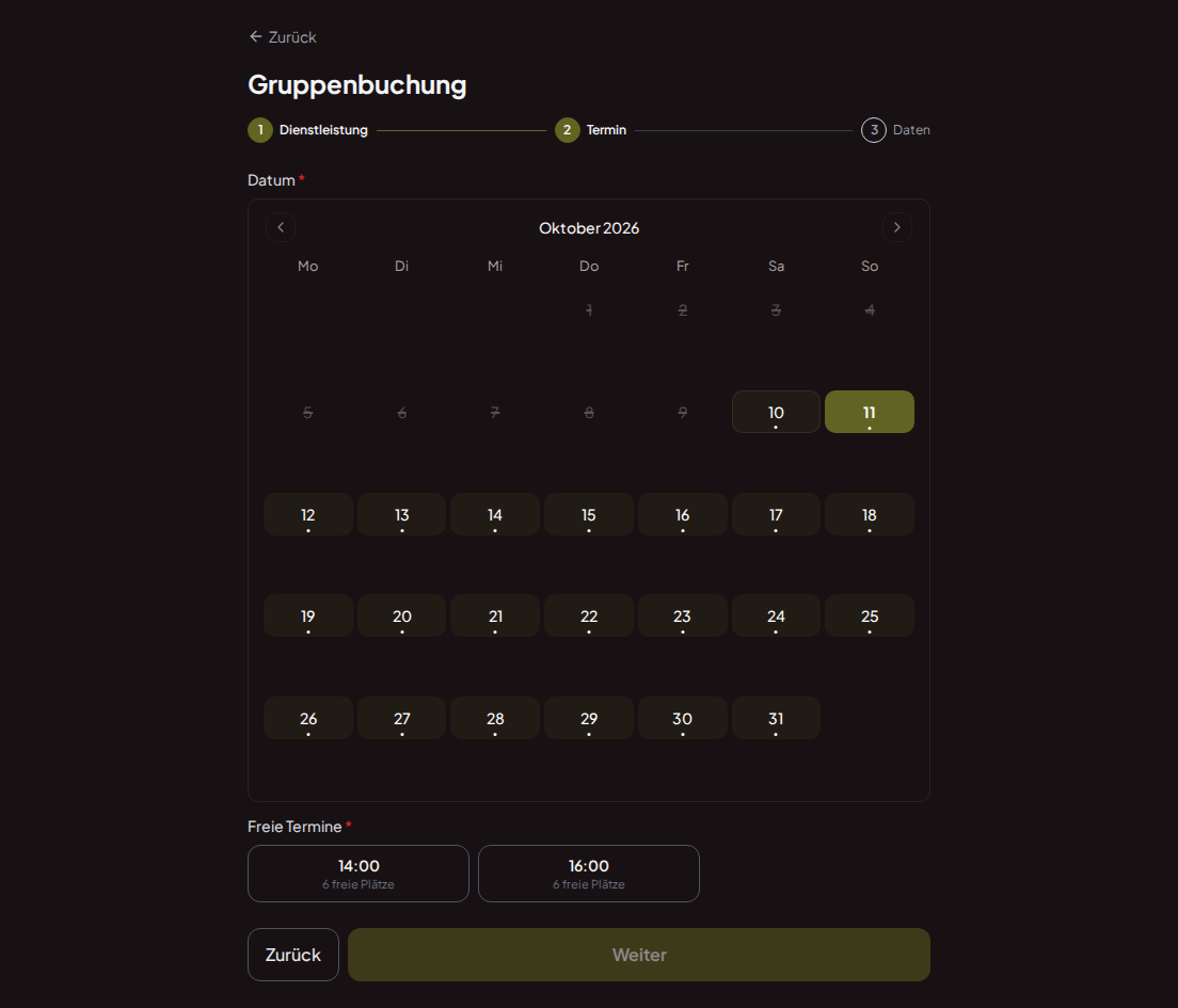 Terminbuchungssystem für Schießstände – Schießstand-Gruppenbucher-Kalender mit ausreichend Plätzen für die Gruppengröße