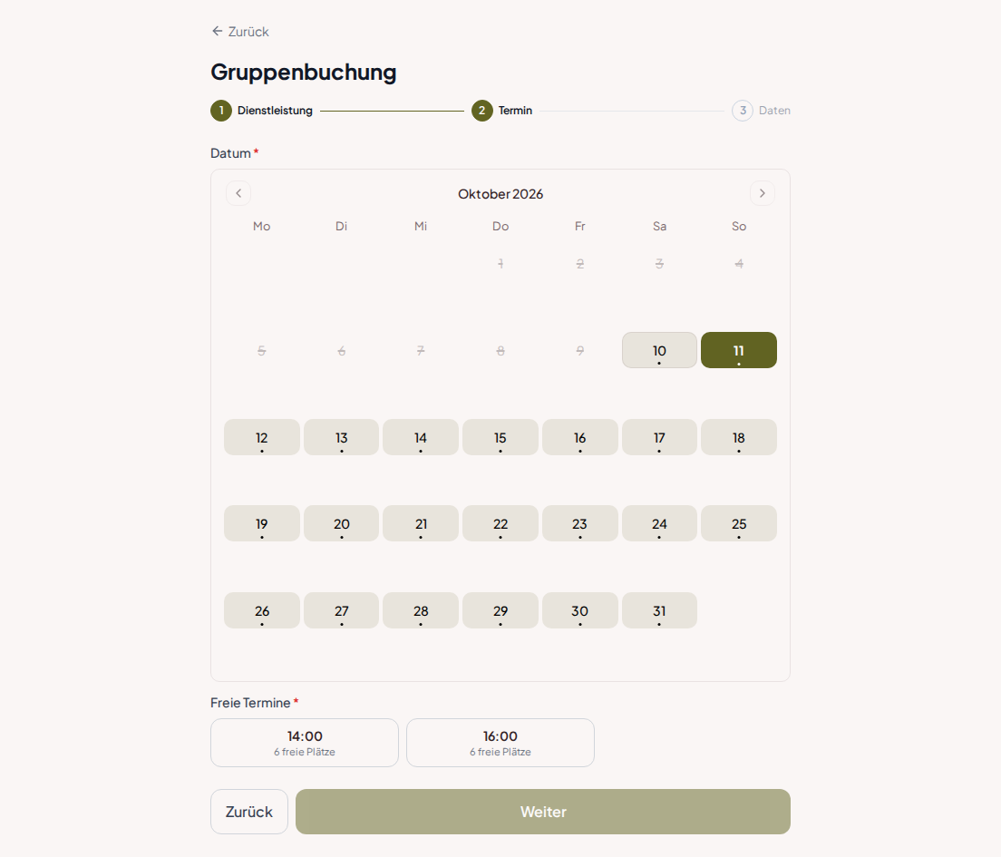 Terminbuchungssystem für Schießstände – Schießstand-Gruppenbucher-Kalender mit ausreichend Plätzen für die Gruppengröße