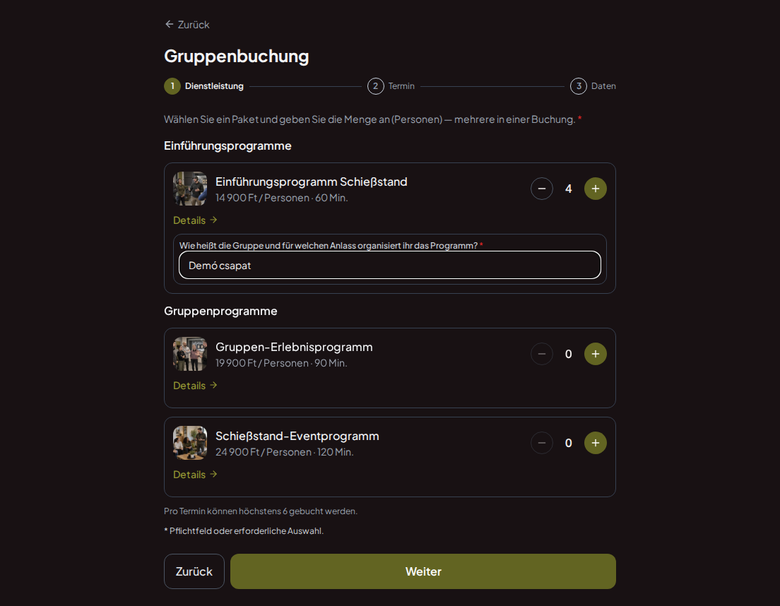 Terminbuchungssystem für Schießstände – Vorab-Buchungsfrage für Schießstand-Gruppenprogramm: Wie heißt die Gruppe und für welchen Anlass organisiert ihr das Programm?