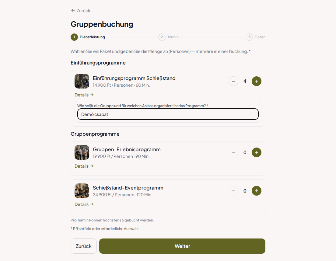 Terminbuchungssystem für Schießstände – Vorab-Buchungsfrage für Schießstand-Gruppenprogramm: Wie heißt die Gruppe und für welchen Anlass organisiert ihr das Programm?