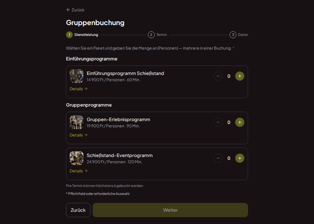 Terminbuchungssystem für Schießstände – Kennenlern-Programm Schießstand, Gruppen-Erlebnisprogramm, Schießstand-Eventprogramm mit Preisen, Dauer und Kategorien