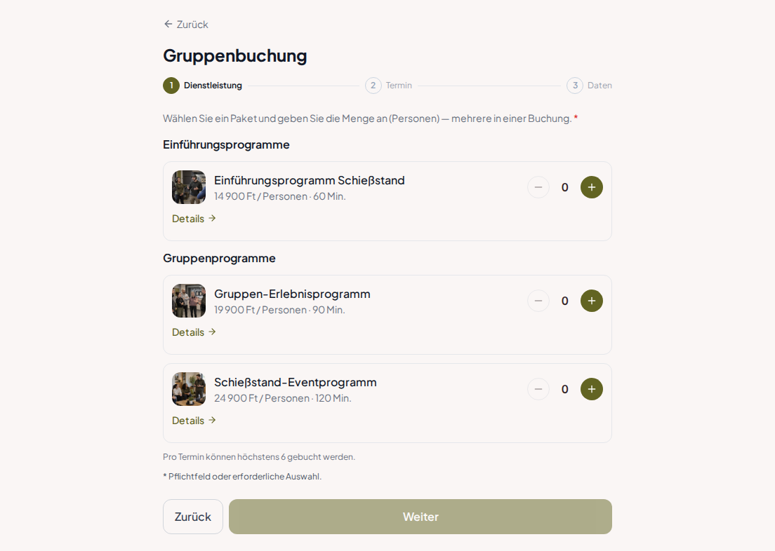 Terminbuchungssystem für Schießstände – Kennenlern-Programm Schießstand, Gruppen-Erlebnisprogramm, Schießstand-Eventprogramm mit Preisen, Dauer und Kategorien
