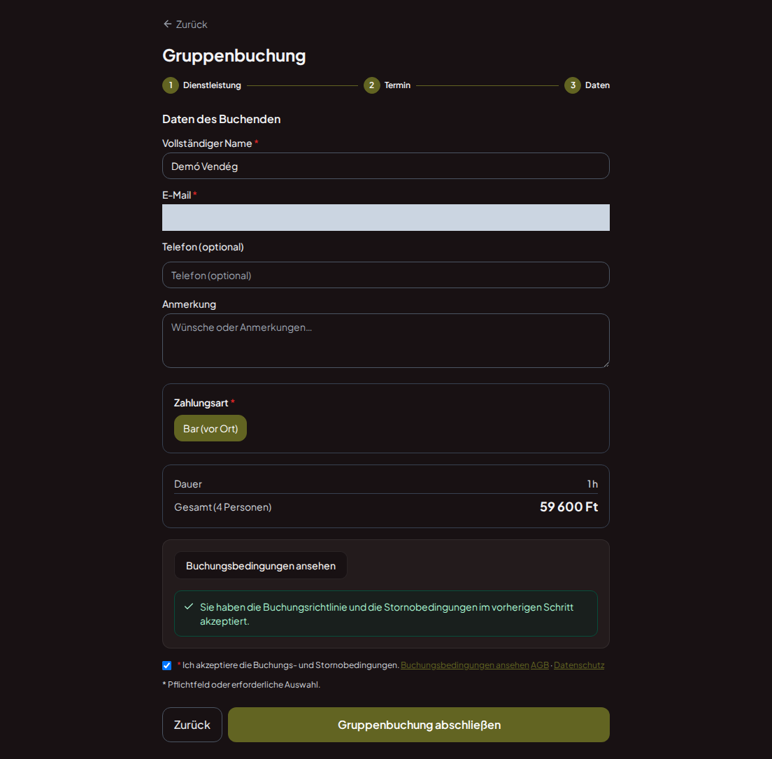Terminbuchungssystem für Schießstände – Gruppenzusammenfassung für Schießstand-Programm mit Programm, Personenzahl und Gesamtpreis