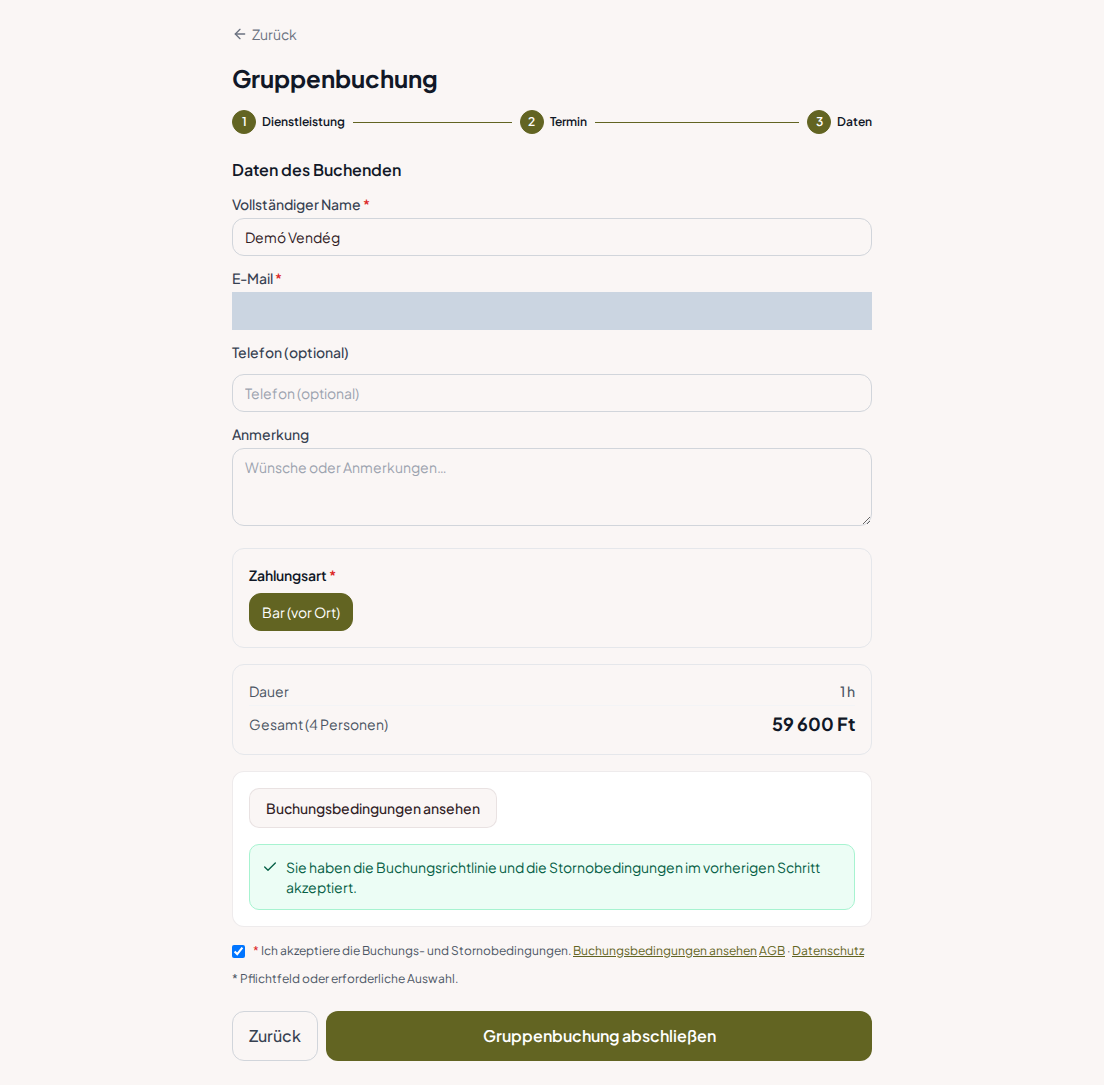Terminbuchungssystem für Schießstände – Gruppenzusammenfassung für Schießstand-Programm mit Programm, Personenzahl und Gesamtpreis