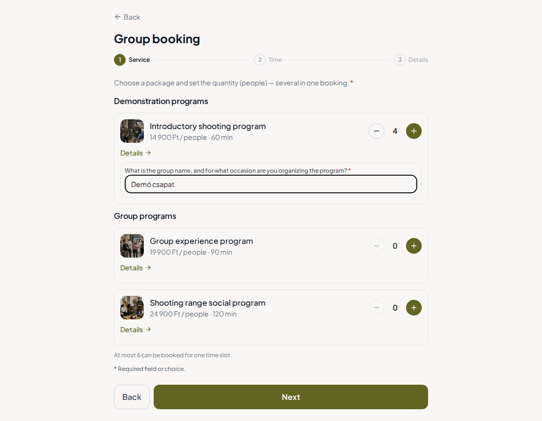 Appointment booking system for shooting ranges – Shooting range group program pre-booking question: What is the group name, and for what occasion are you organizing the program?