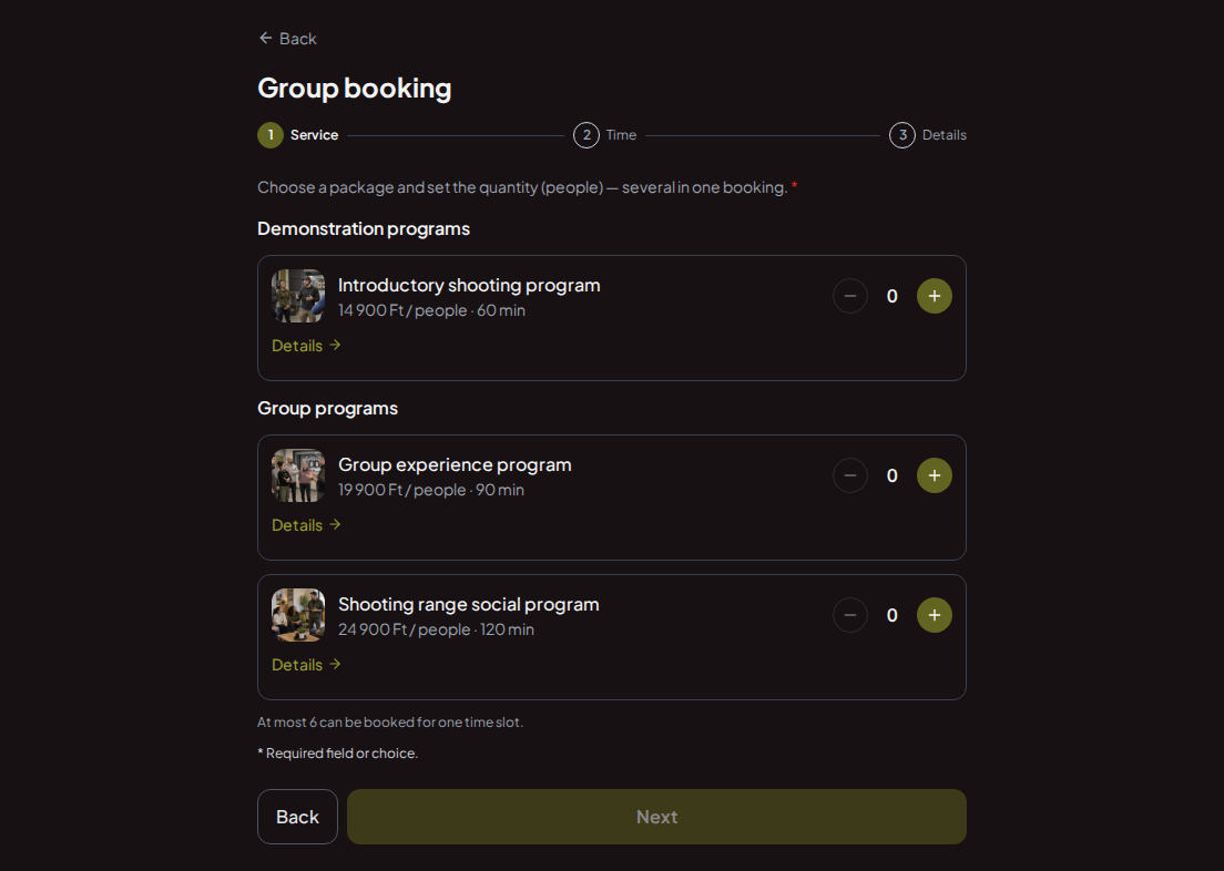 Appointment booking system for shooting ranges – Introductory shooting range program, Group experience program, Shooting range social program with prices, durations, and categories