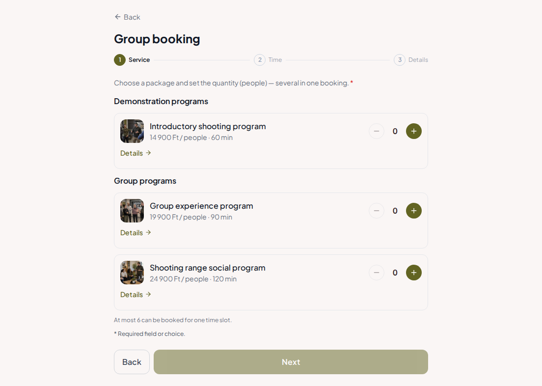 Appointment booking system for shooting ranges – Introductory shooting range program, Group experience program, Shooting range social program with prices, durations, and categories
