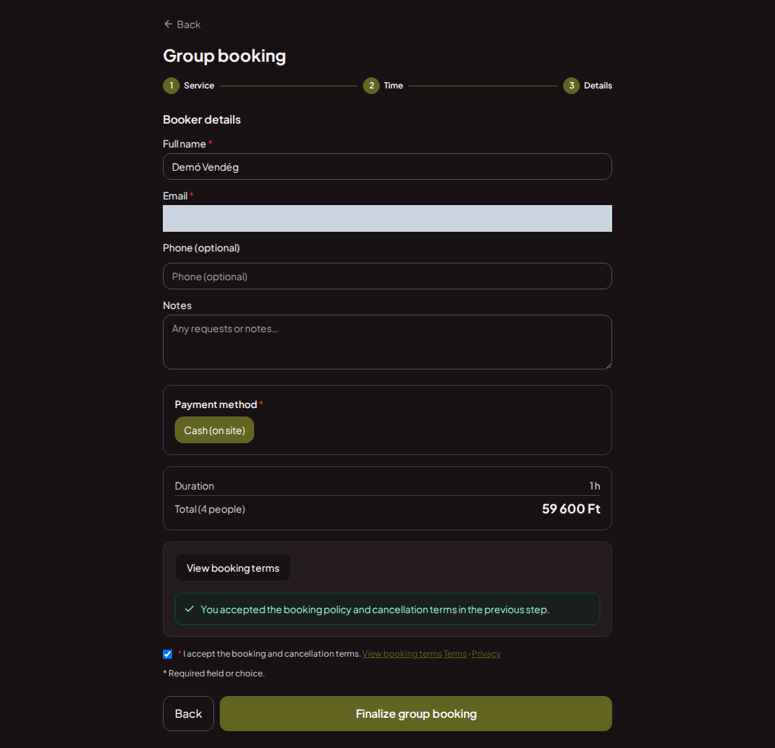 Appointment booking system for shooting ranges – Shooting range group summary with program, size, and total fee