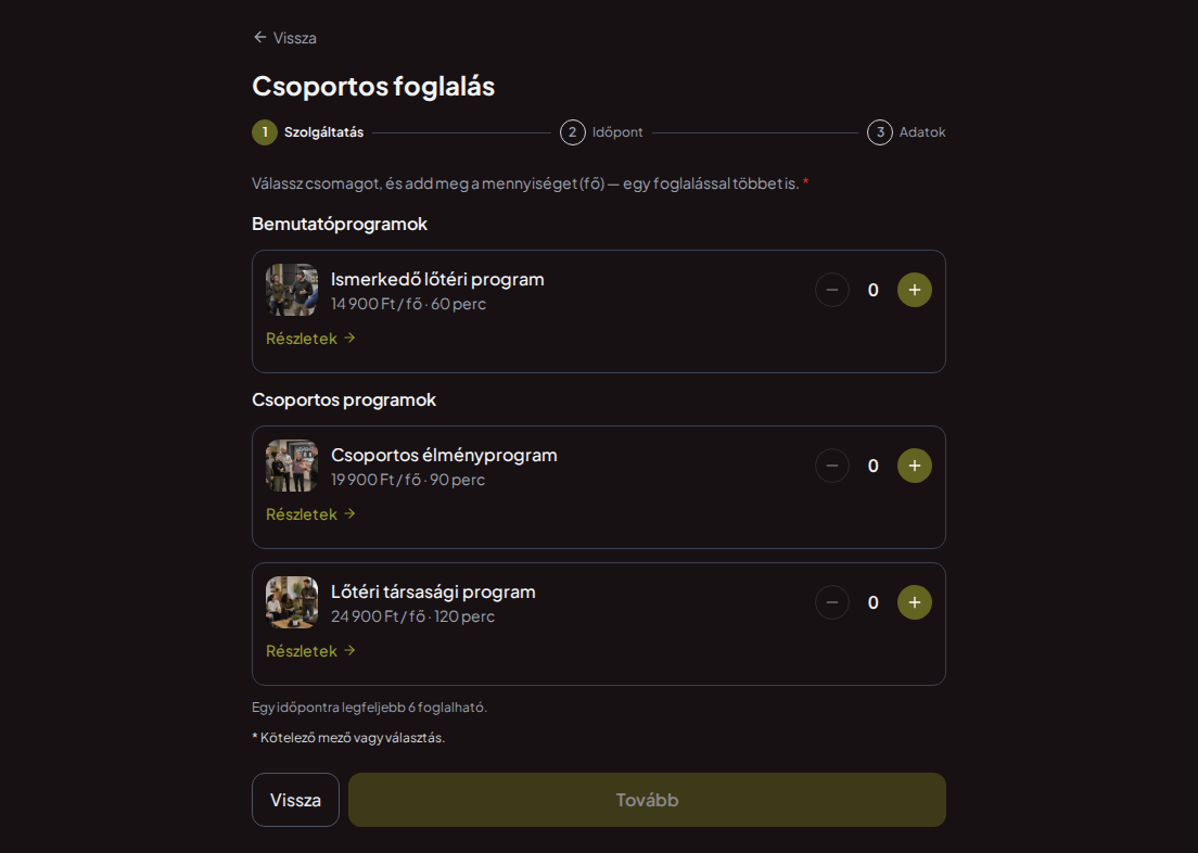 Időpontfoglaló rendszer lőtereknek – Ismerkedő lőtéri program, Csoportos élményprogram, Lőtéri társasági program árakkal, időtartammal és kategóriákkal Időpontfoglaló rendszer lőtereknek – Ismerkedő lőtéri program, Csoportos élményprogram, Lőtéri társasági program árakkal, időtartammal és kategóriákkal