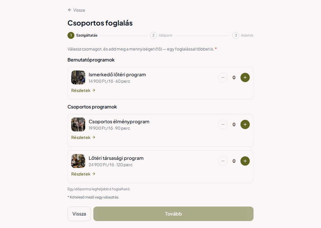 Időpontfoglaló rendszer lőtereknek – Ismerkedő lőtéri program, Csoportos élményprogram, Lőtéri társasági program árakkal, időtartammal és kategóriákkal Időpontfoglaló rendszer lőtereknek – Ismerkedő lőtéri program, Csoportos élményprogram, Lőtéri társasági program árakkal, időtartammal és kategóriákkal