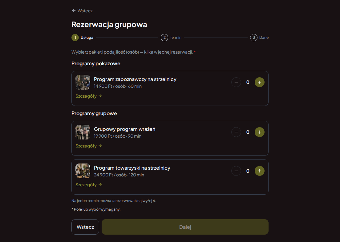 System rezerwacji dla strzelnic – Zapoznawczy program strzelnicy, Grupowy program wrażeń, Program towarzyski strzelnicy z cenami, czasem trwania i kategoriami