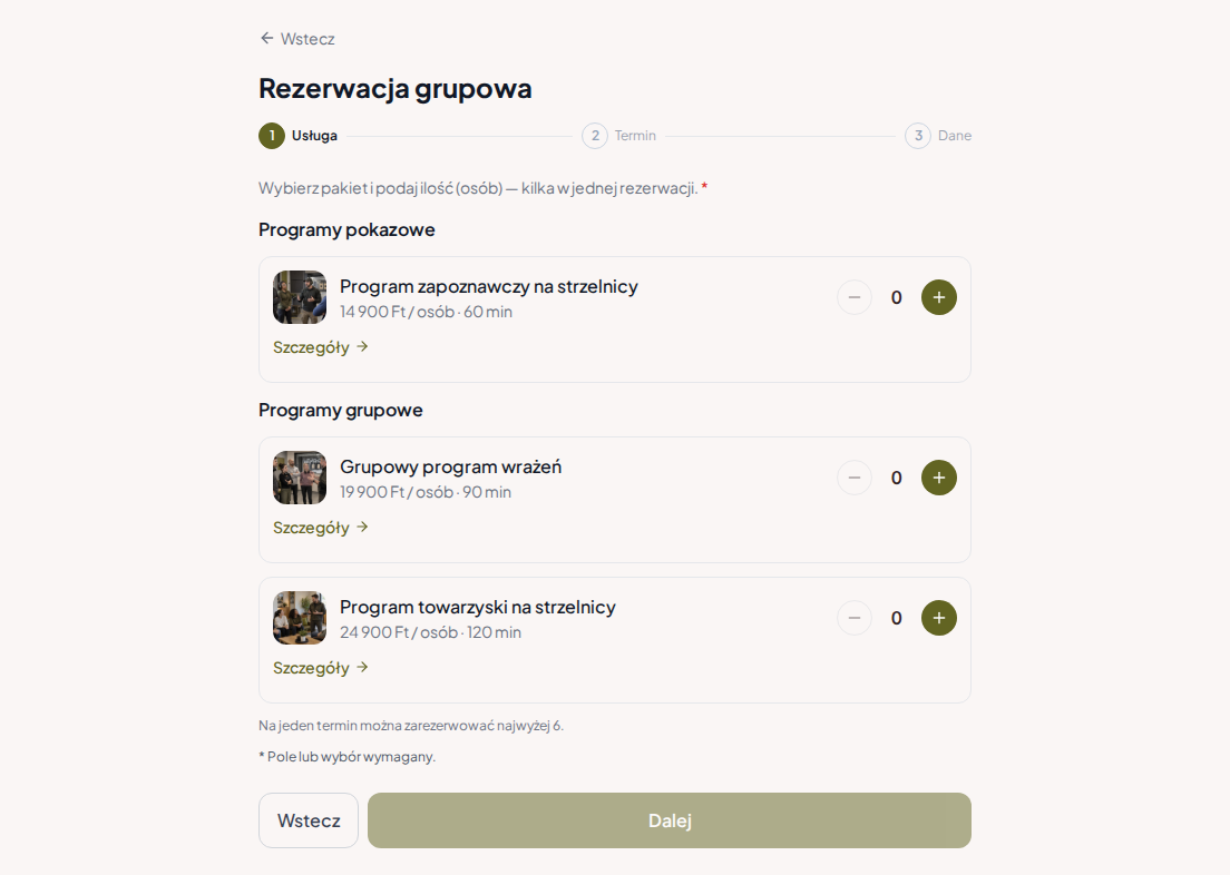 System rezerwacji dla strzelnic – Zapoznawczy program strzelnicy, Grupowy program wrażeń, Program towarzyski strzelnicy z cenami, czasem trwania i kategoriami