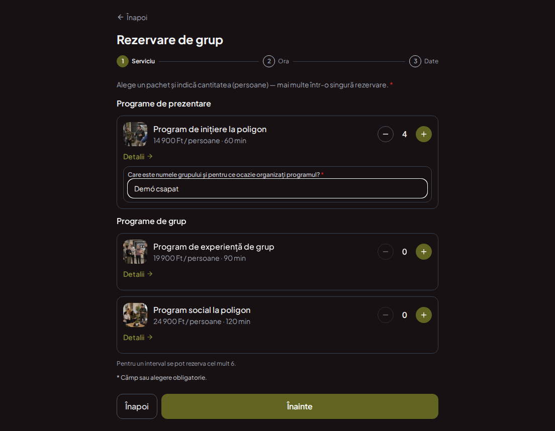 Sistem de rezervări pentru poligoane de tragere – Întrebare prealabilă la rezervarea programului de poligon: Care este numele grupului și pentru ce ocazie organizați programul?