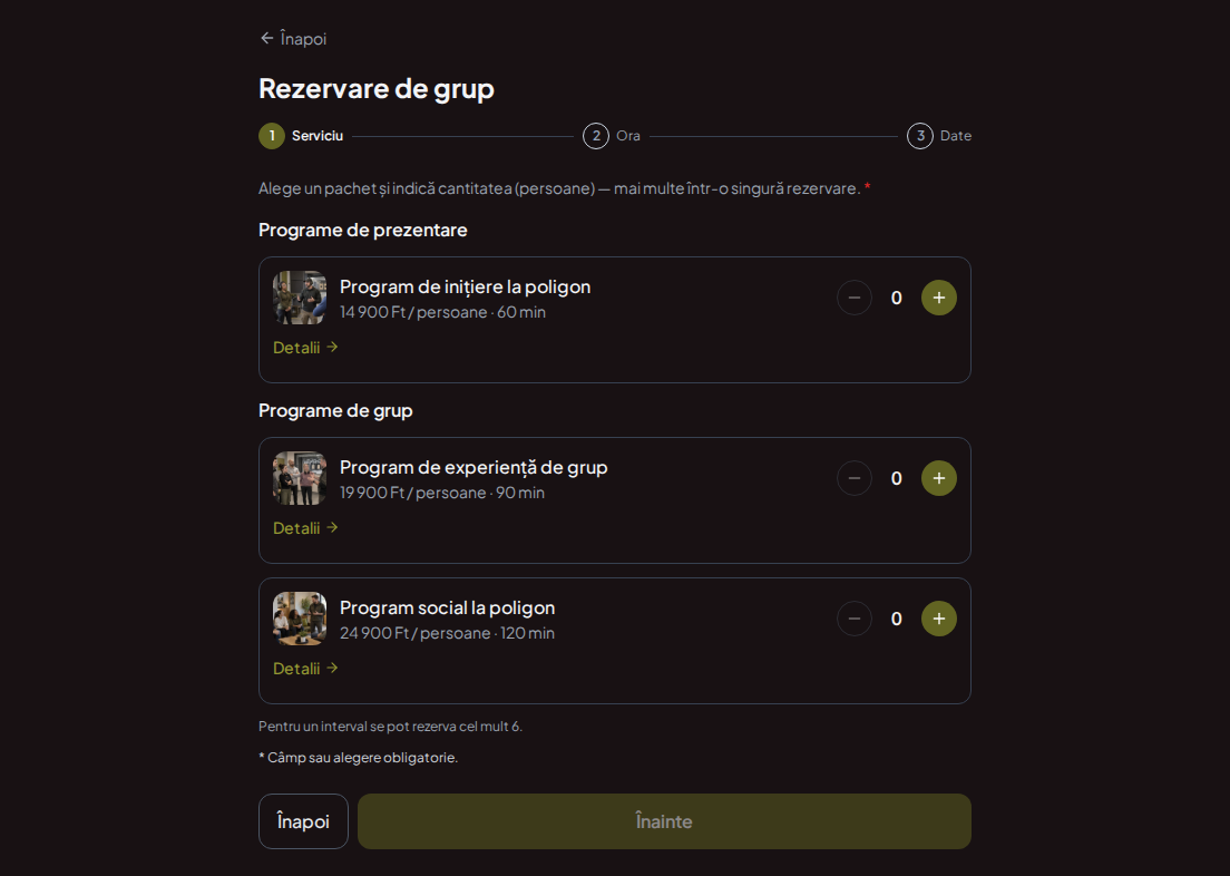 Sistem de rezervări pentru poligoane de tragere – Program de inițiere la poligon, Program de experiență în grup, Program social la poligon cu prețuri, durată și categorii