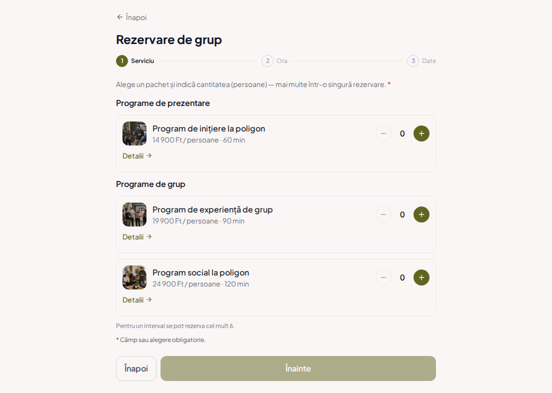 Sistem de rezervări pentru poligoane de tragere – Program de inițiere la poligon, Program de experiență în grup, Program social la poligon cu prețuri, durată și categorii