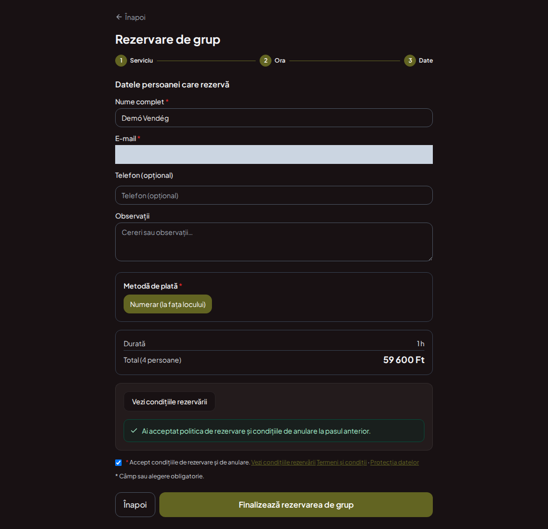 Sistem de rezervări pentru poligoane de tragere – Rezumat de grup pentru programul de poligon cu programul, numărul de persoane și tariful total