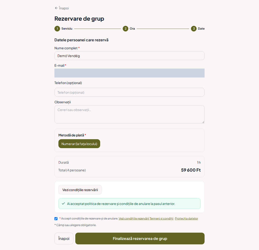 Sistem de rezervări pentru poligoane de tragere – Rezumat de grup pentru programul de poligon cu programul, numărul de persoane și tariful total