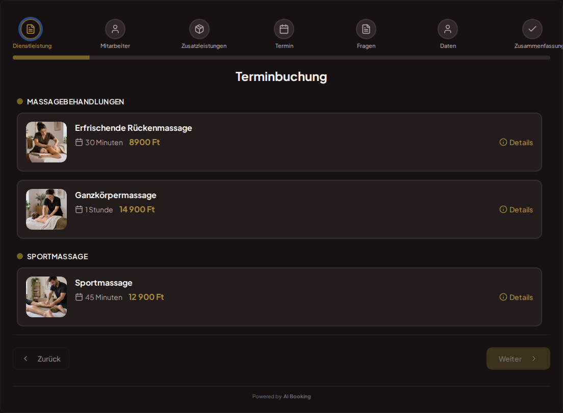 Terminbuchungssystem für Masseure – Erfrischende Rückenmassage, Ganzkörpermassage, Sportmassage mit Preisen, Dauer und Kategorien Terminbuchungssystem für Masseure – Erfrischende Rückenmassage, Ganzkörpermassage, Sportmassage mit Preisen, Dauer und Kategorien