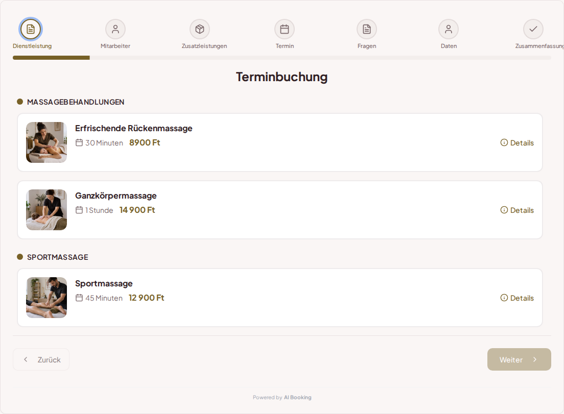 Terminbuchungssystem für Masseure – Erfrischende Rückenmassage, Ganzkörpermassage, Sportmassage mit Preisen, Dauer und Kategorien Terminbuchungssystem für Masseure – Erfrischende Rückenmassage, Ganzkörpermassage, Sportmassage mit Preisen, Dauer und Kategorien