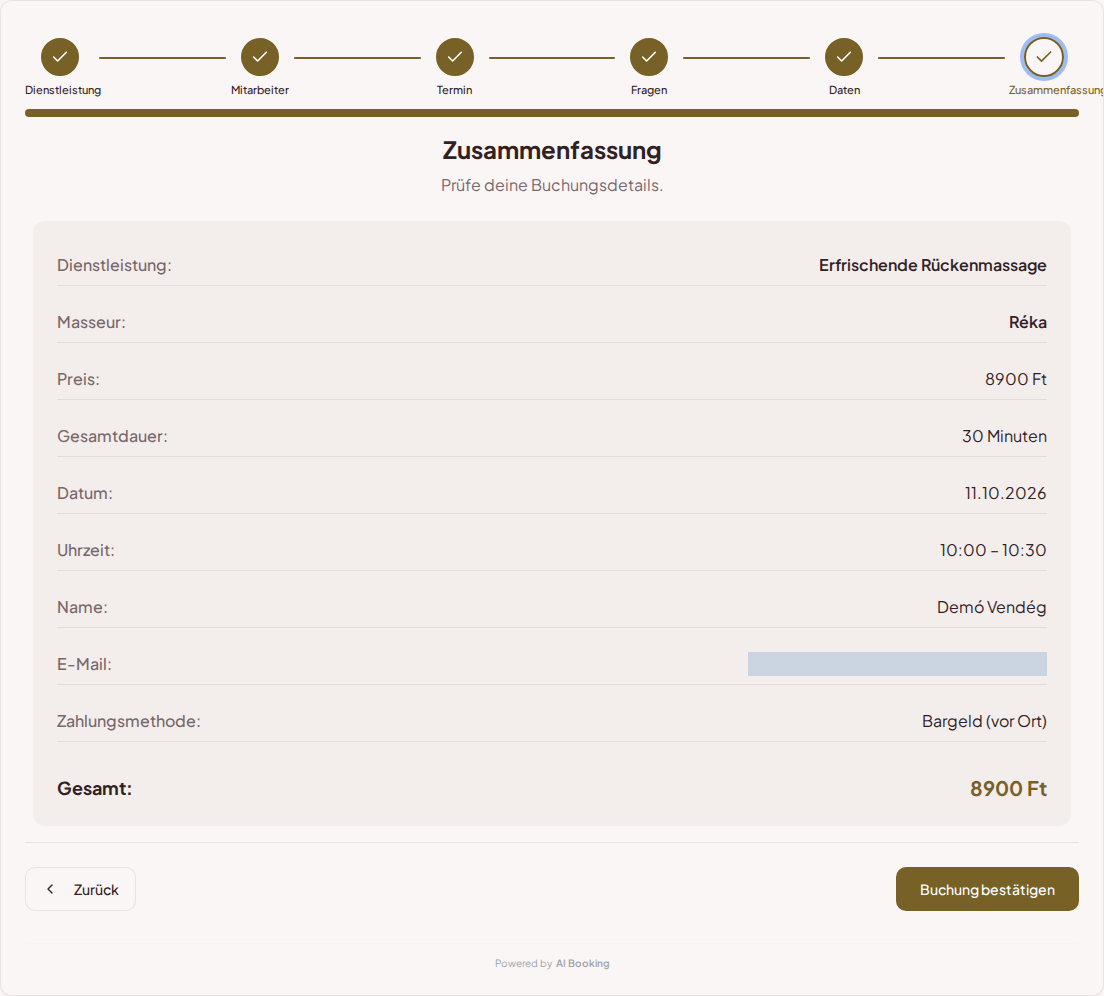 Terminbuchungssystem für Masseure – Zusammenfassung der Massagebuchung mit Service, Fachkraft, Termin und Preis Terminbuchungssystem für Masseure – Zusammenfassung der Massagebuchung mit Service, Fachkraft, Termin und Preis