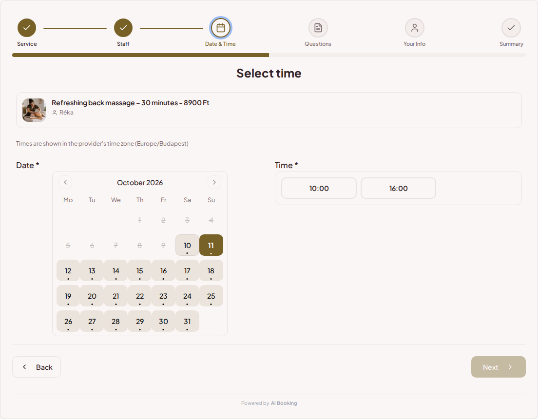 Appointment booking system for massage therapists – Massage booking calendar with available slots for the chosen service Appointment booking system for massage therapists – Massage booking calendar with available slots for the chosen service