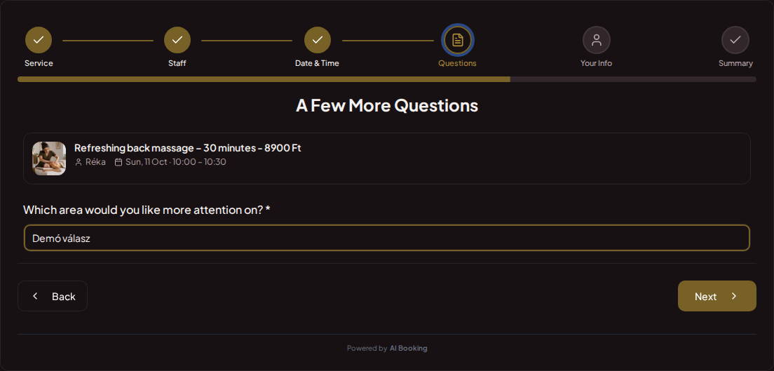 Appointment booking system for massage therapists – Massage pre-booking question: Which area would you like me to focus on more? Appointment booking system for massage therapists – Massage pre-booking question: Which area would you like me to focus on more?