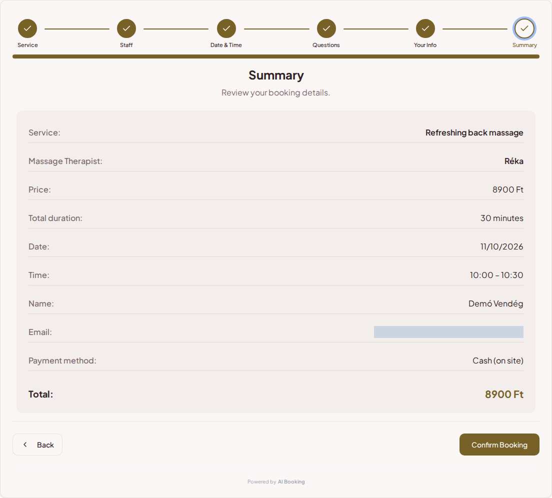 Appointment booking system for massage therapists – Massage booking summary with service, professional, date, and fee Appointment booking system for massage therapists – Massage booking summary with service, professional, date, and fee