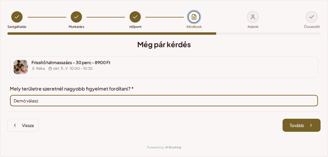 Időpontfoglaló rendszer masszőröknek – Masszázs előzetes foglalási kérdése: Mely területre szeretnél nagyobb figyelmet fordítani?