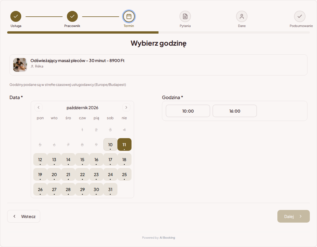 System rezerwacji dla masażystów – Kalendarz rezerwacji masaży z wolnymi terminami dla wybranej usługi System rezerwacji dla masażystów – Kalendarz rezerwacji masaży z wolnymi terminami dla wybranej usługi