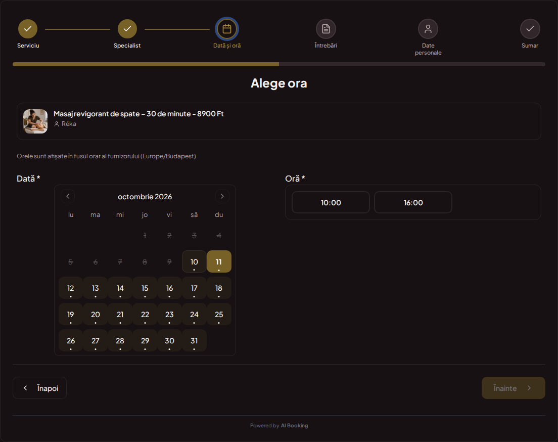 Sistem de programări pentru masori – Calendar de programări pentru masaj cu intervale libere pentru serviciul ales Sistem de programări pentru masori – Calendar de programări pentru masaj cu intervale libere pentru serviciul ales
