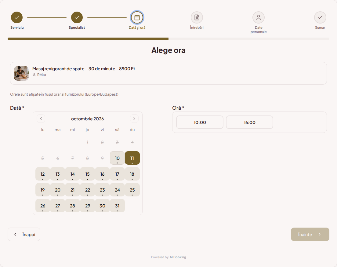 Sistem de programări pentru masori – Calendar de programări pentru masaj cu intervale libere pentru serviciul ales Sistem de programări pentru masori – Calendar de programări pentru masaj cu intervale libere pentru serviciul ales