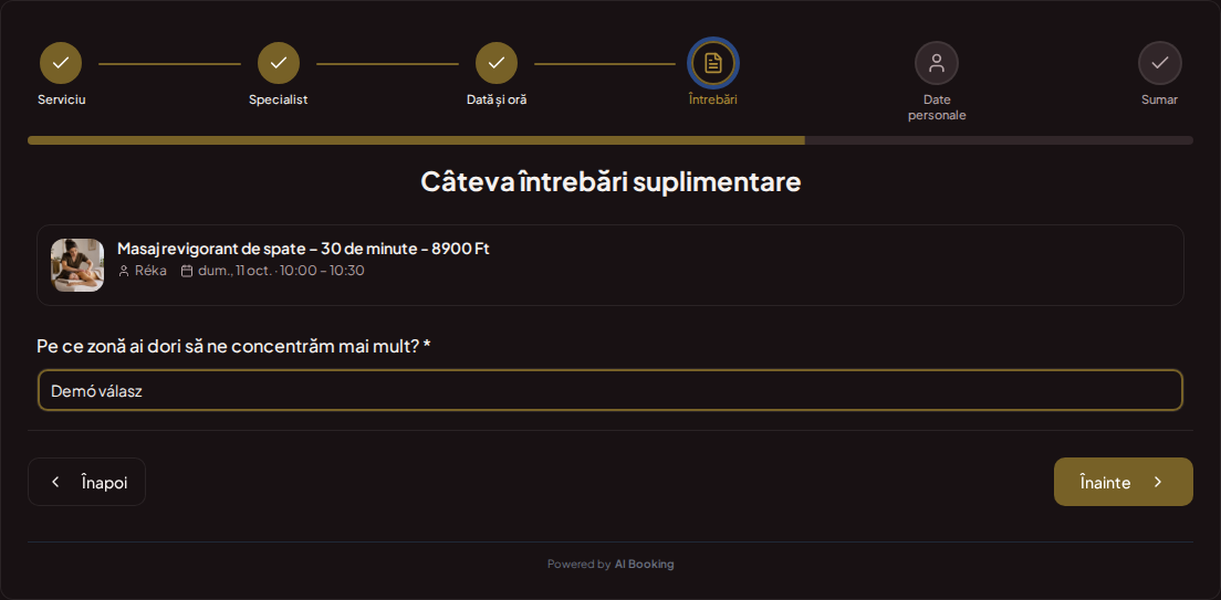 Sistem de programări pentru masori – Întrebare de rezervare prealabilă pentru masaj: Ce zonă dorești să fie tratată cu mai multă atenție? Sistem de programări pentru masori – Întrebare de rezervare prealabilă pentru masaj: Ce zonă dorești să fie tratată cu mai multă atenție?