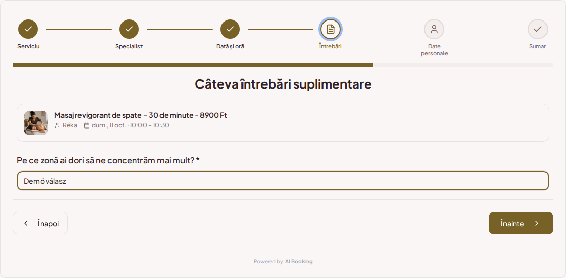 Sistem de programări pentru masori – Întrebare de rezervare prealabilă pentru masaj: Ce zonă dorești să fie tratată cu mai multă atenție? Sistem de programări pentru masori – Întrebare de rezervare prealabilă pentru masaj: Ce zonă dorești să fie tratată cu mai multă atenție?