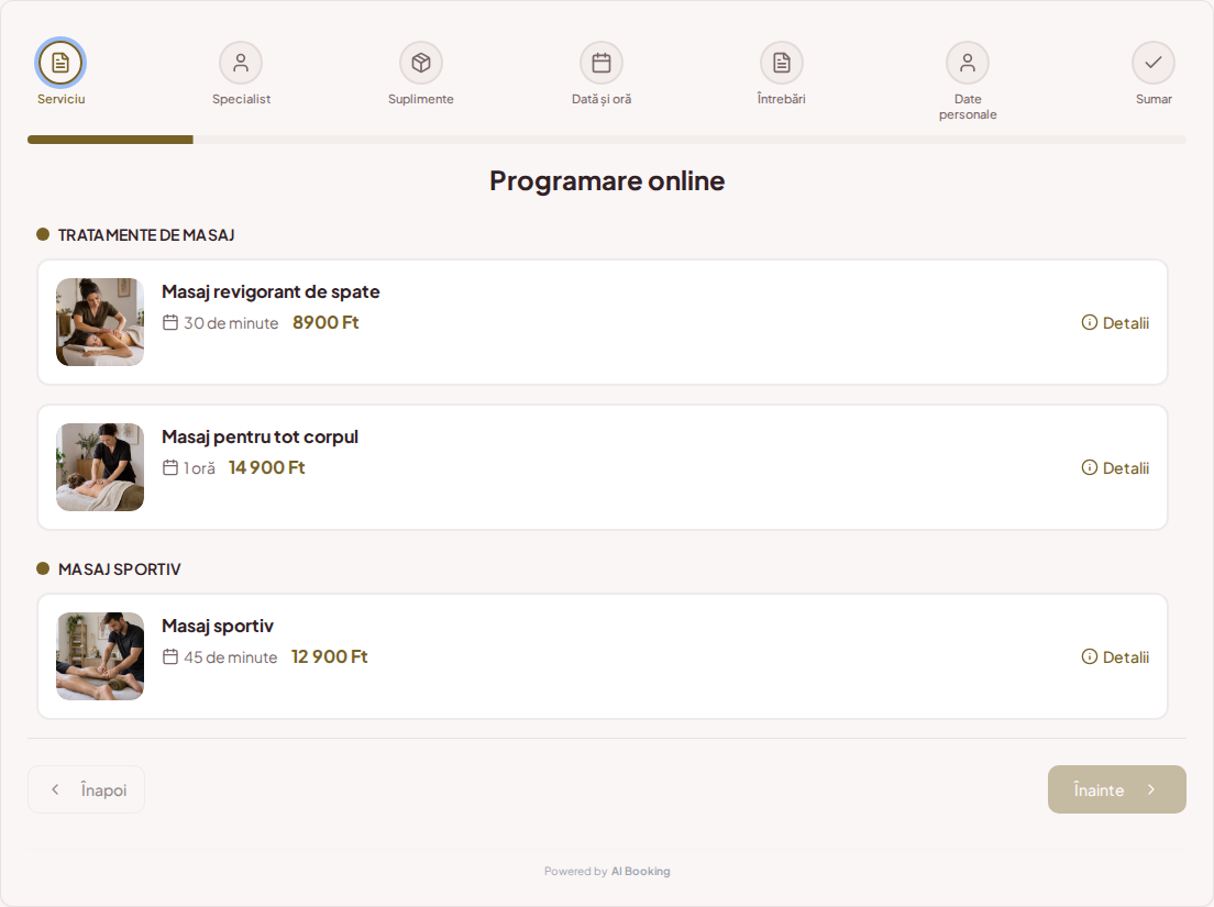 Sistem de programări pentru masori – Masaj revigorant de spate, Masaj pentru tot corpul, Masaj sportiv cu prețuri, durate și categorii Sistem de programări pentru masori – Masaj revigorant de spate, Masaj pentru tot corpul, Masaj sportiv cu prețuri, durate și categorii