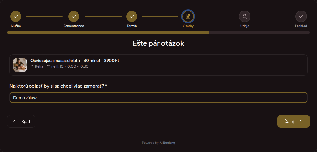 Systém rezervácií pre masérov – Predrezervačná otázka pre masáž: Na ktorú oblasť by si chcel/a klásť väčší dôraz? Systém rezervácií pre masérov – Predrezervačná otázka pre masáž: Na ktorú oblasť by si chcel/a klásť väčší dôraz?