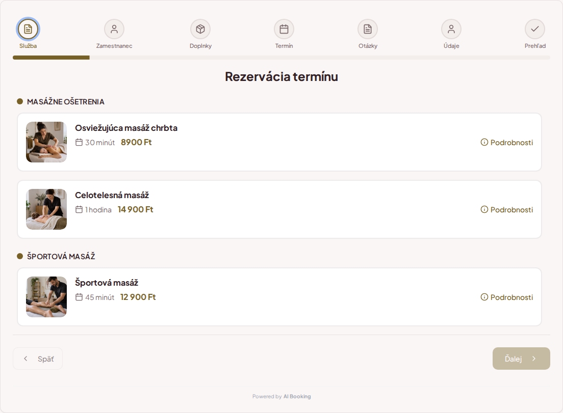 Systém rezervácií pre masérov – Osviežujúca masáž chrbta, Celotelesná masáž, Športová masáž s cenami, dĺžkou a kategóriami Systém rezervácií pre masérov – Osviežujúca masáž chrbta, Celotelesná masáž, Športová masáž s cenami, dĺžkou a kategóriami