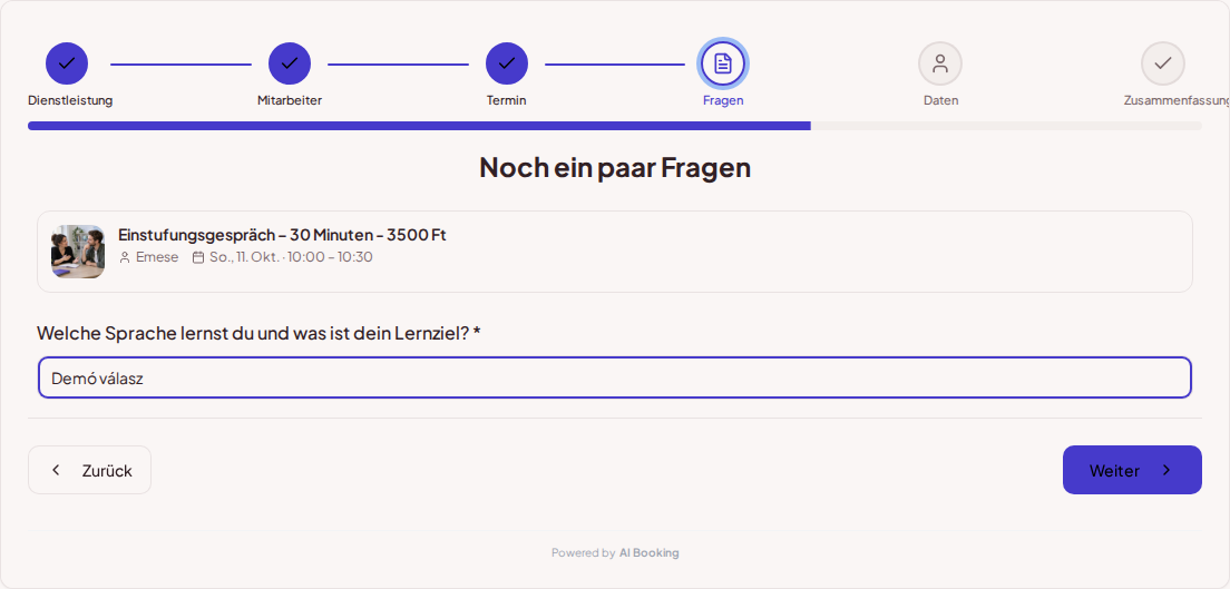 Terminbuchungssystem für Sprachlehrer – Vorabfrage zur Sprachkurs-Buchung: Welche Sprache lernst du und was ist dein Lernziel? Terminbuchungssystem für Sprachlehrer – Vorabfrage zur Sprachkurs-Buchung: Welche Sprache lernst du und was ist dein Lernziel?