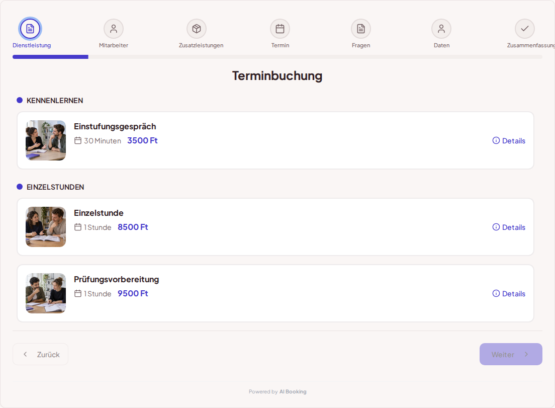 Terminbuchungssystem für Sprachlehrer – Einstufungsgespräch, Einzelstunde, Prüfungsvorbereitung mit Preisen, Dauer und Kategorien Terminbuchungssystem für Sprachlehrer – Einstufungsgespräch, Einzelstunde, Prüfungsvorbereitung mit Preisen, Dauer und Kategorien