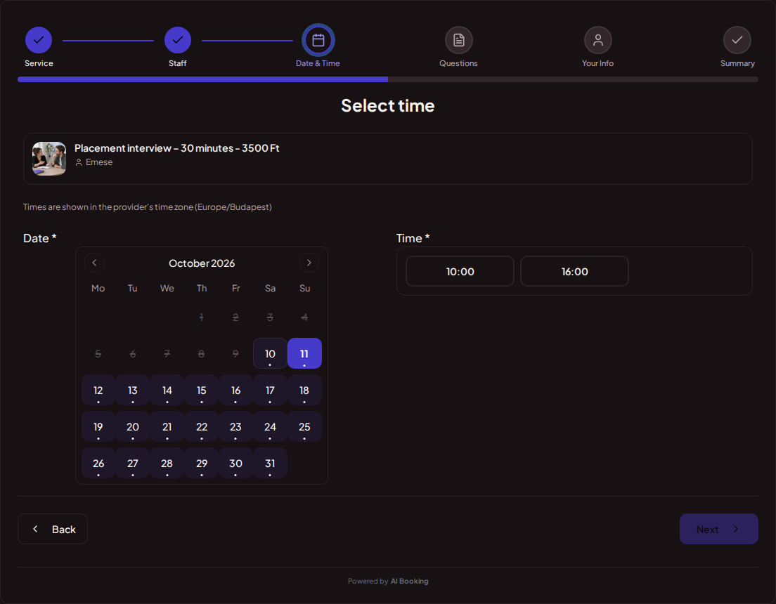Appointment booking system for language teachers – Online booking calendar for language lessons with available slots for the selected service Appointment booking system for language teachers – Online booking calendar for language lessons with available slots for the selected service