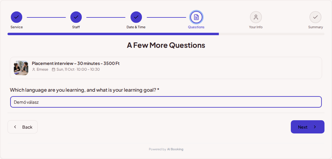 Appointment booking system for language teachers – Language lesson pre-booking question: Which language are you studying, and what is your learning goal? Appointment booking system for language teachers – Language lesson pre-booking question: Which language are you studying, and what is your learning goal?