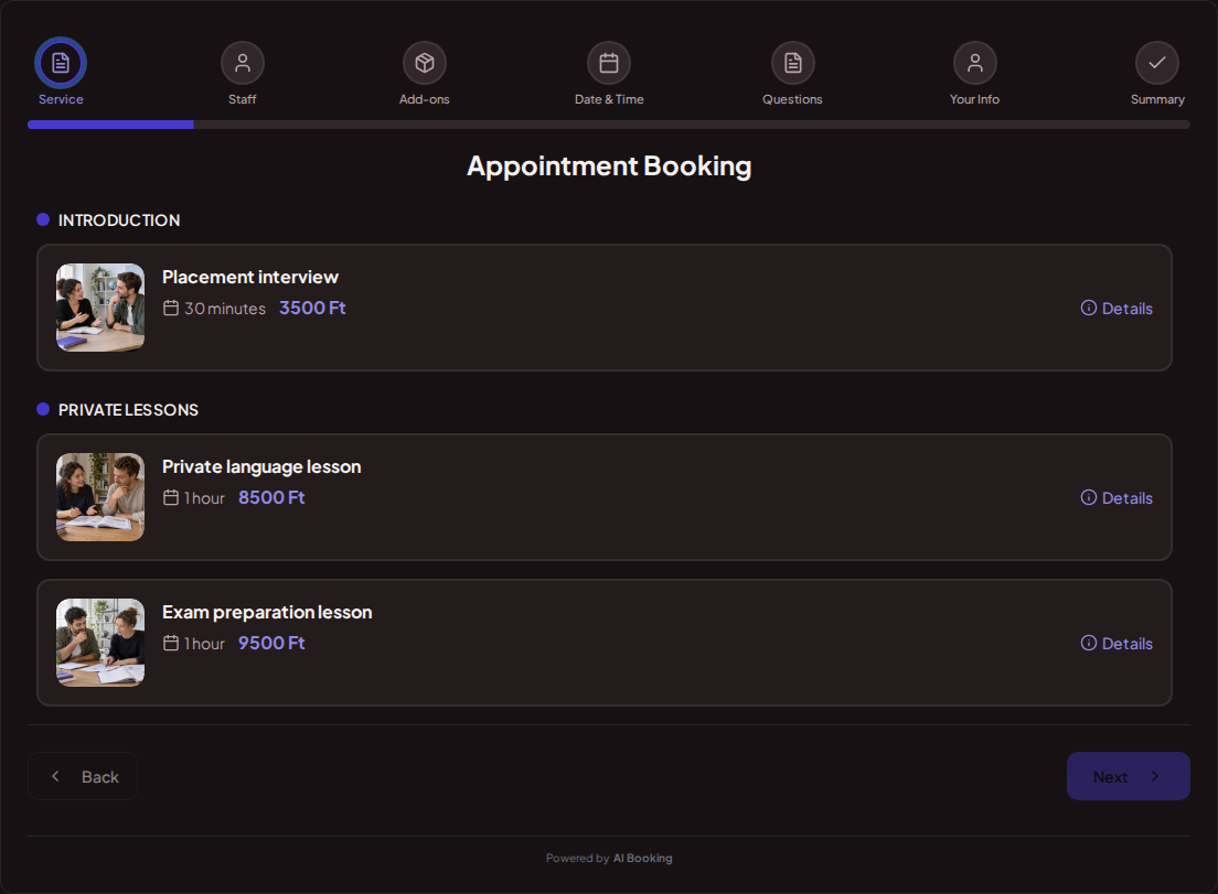 Appointment booking system for language teachers – Placement interview, Private language lesson, Exam preparation lesson with prices, durations, and categories Appointment booking system for language teachers – Placement interview, Private language lesson, Exam preparation lesson with prices, durations, and categories